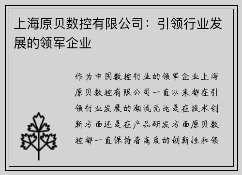 上海原贝数控有限公司：引领行业发展的领军企业